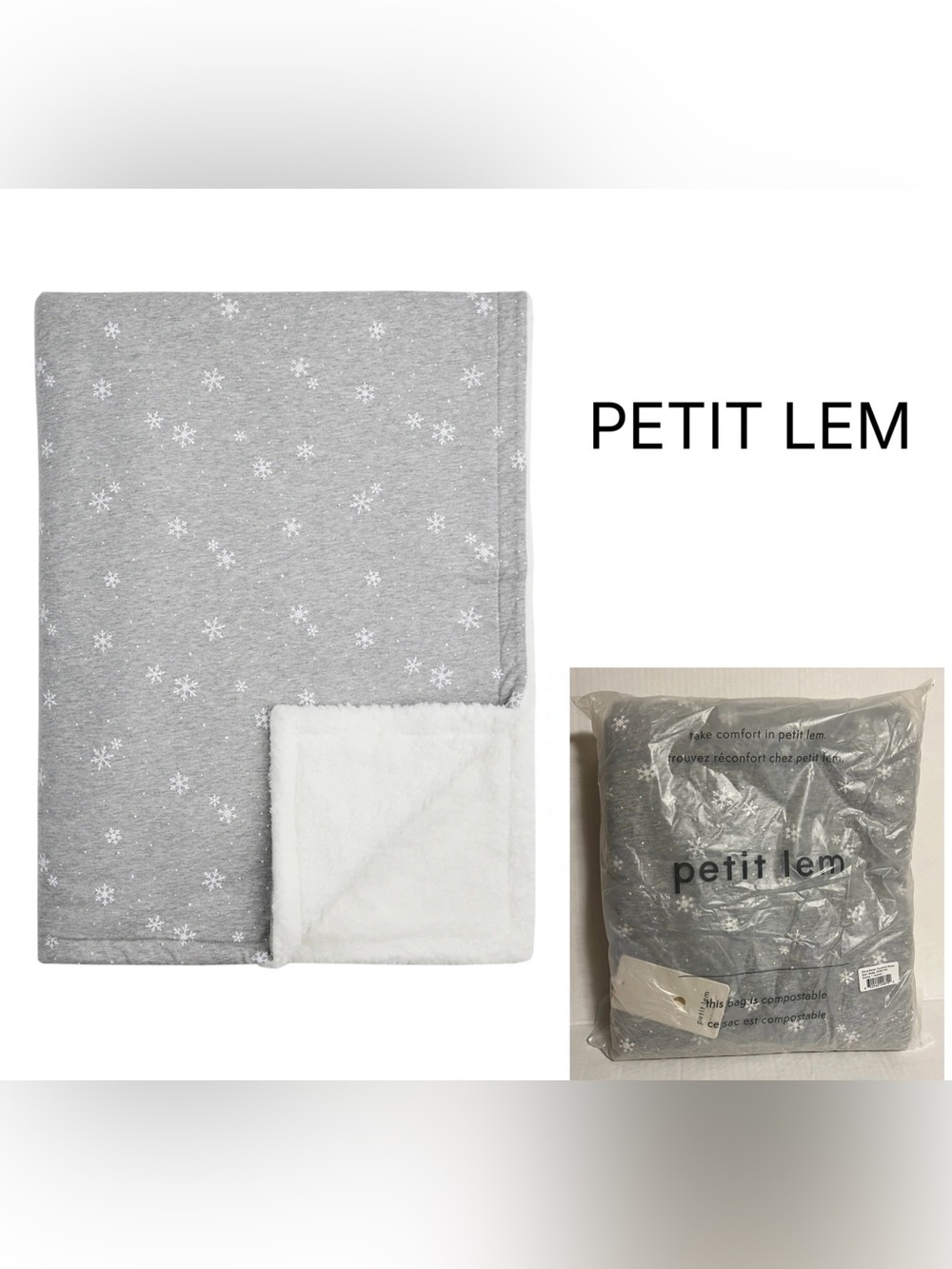 PETIT LEM - NWT - INFANT KNIT SHERPA BLANKET - GREY / WHITE SNOWFLAKE
